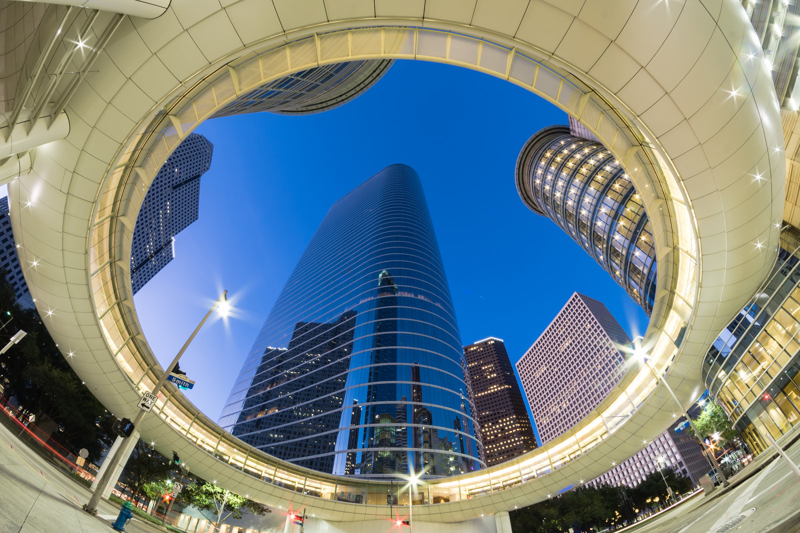 Look up view of Houston Downtown modern skyscrapers at blue hour.jpg